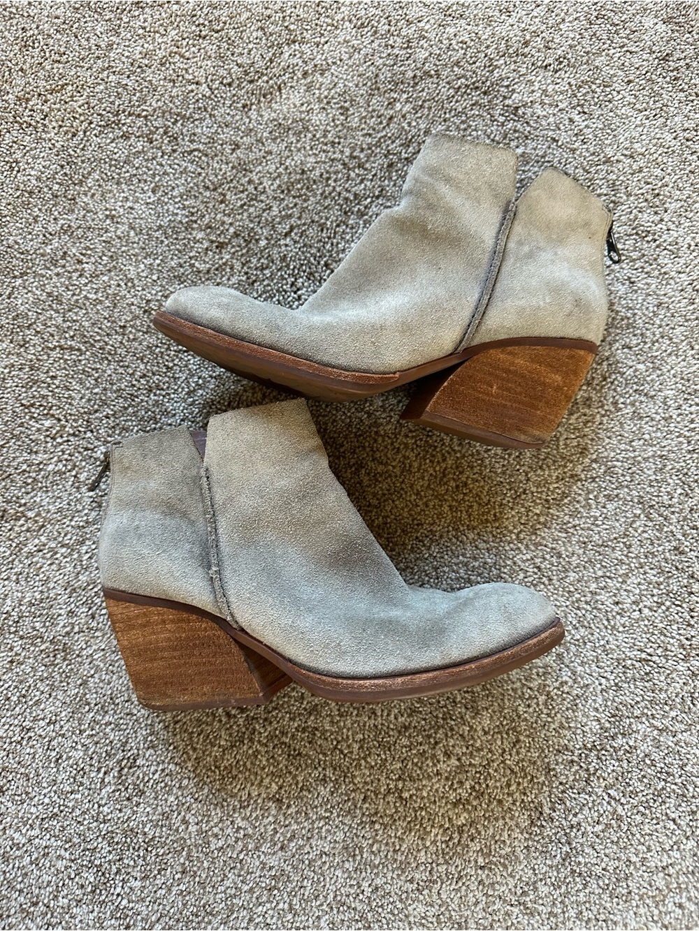 Kork-Ease Taupe Suede Ankle Booties with Stacked Wood Heel